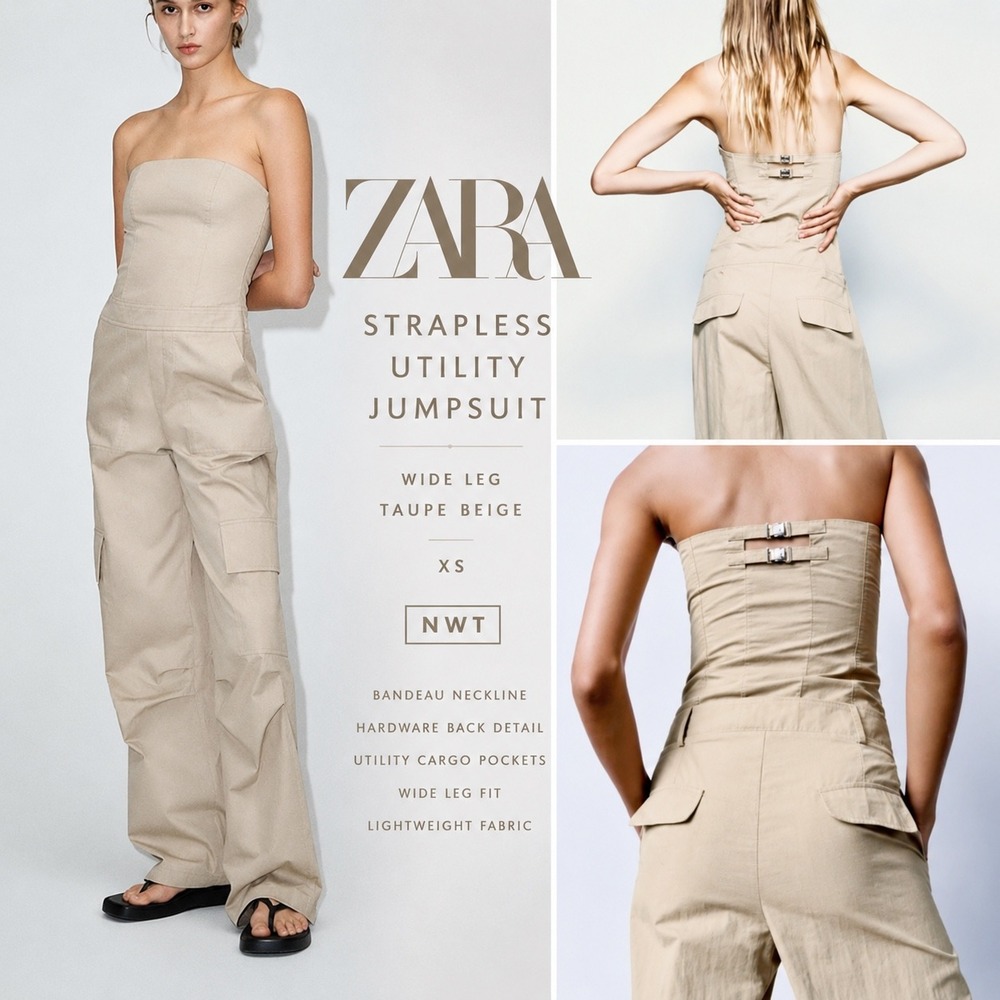 Zara Strapless Parachute Utility Jumpsuit‎ Wide Leg Beige XS NWT Minimalist